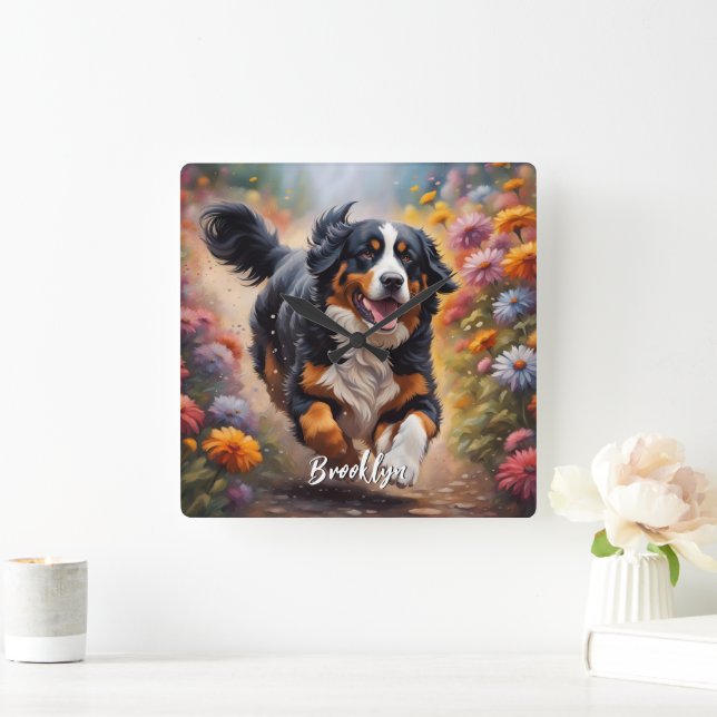 Beautiful Bernese Mountain Dog & Flowers Square Wall Clock (Home)