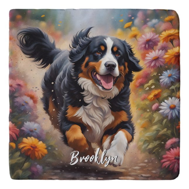 Beautiful Bernese Mountain Dog & Flowers Trivet (Front)