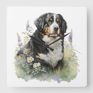 BEAUTIFUL BERNESE MOUNTAIN DOG WITH FLOWERS SQUARE WALL CLOCK