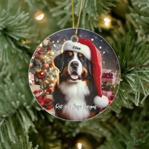 Beautiful Bernese Mountain Dog with Santa Hat Ceramic Ornament
