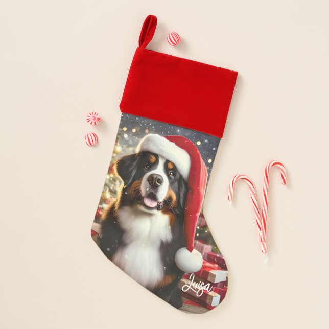 Beautiful Bernese Mountain Dog with Santa Hat Christmas Stocking (Front)