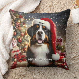 Beautiful Bernese Mountain Dog with Santa Hat Throw Pillow
