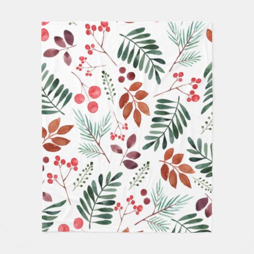 Beautiful Berry and Branches  Watercolor Winter Fleece Blanket