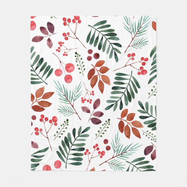 Beautiful Berry and Branches  Watercolor Winter Fleece Blanket (Front)