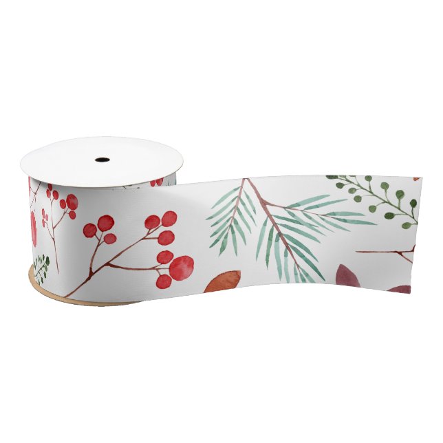 Beautiful Berry and Branches  Watercolor Winter   Satin Ribbon (Spool)