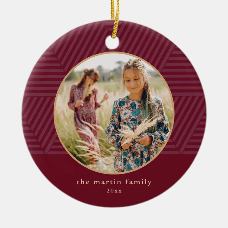 Beautiful Berry Geometric Pattern Photo Christmas Ceramic Ornament