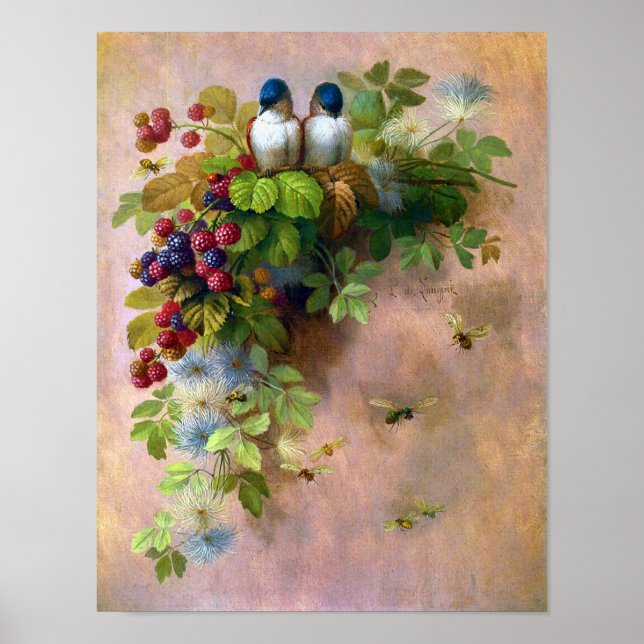 Beautiful Berry Vines and Blue Birds Poster (Front)