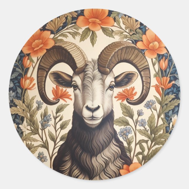 Beautiful Bighorn Sheep William Morris Inspired Classic Round Sticker (Front)