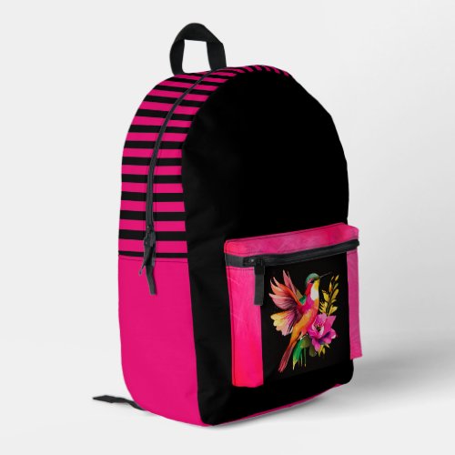 Beautiful Bird and Flowers Pattern, Black Stripes Printed Backpack