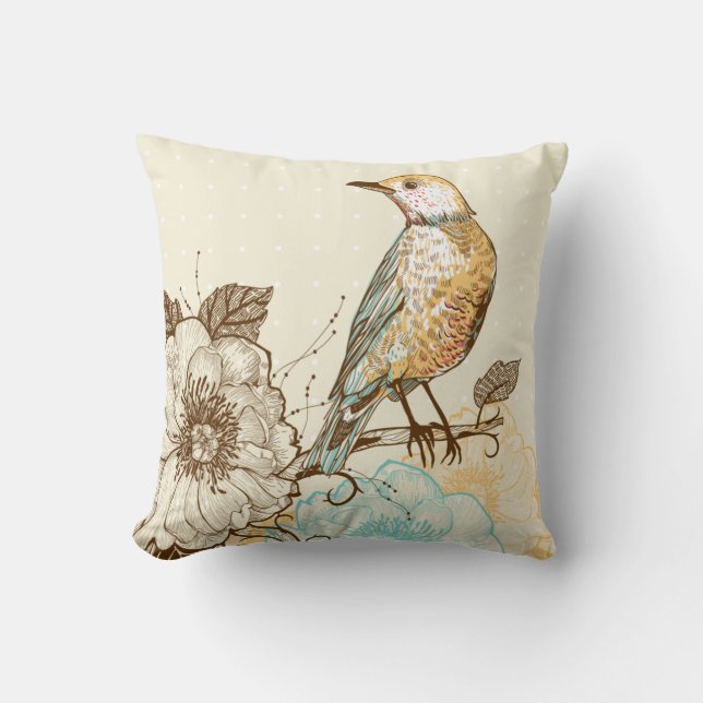 Beautiful Bird and Flowers Throw Pillow (Front)