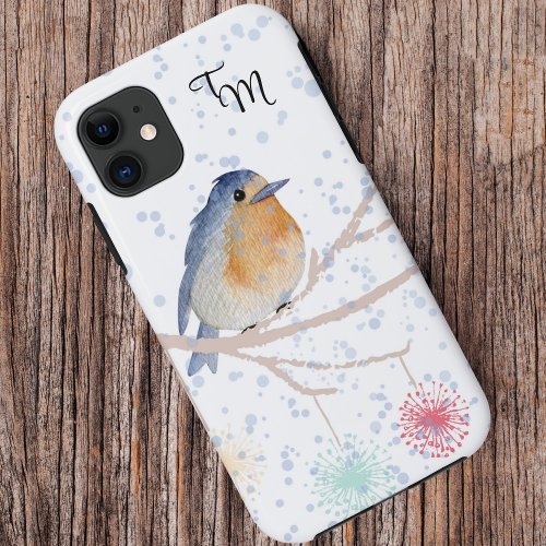 Beautiful Bird on Branch in Blue Snow iPhone 11 Case