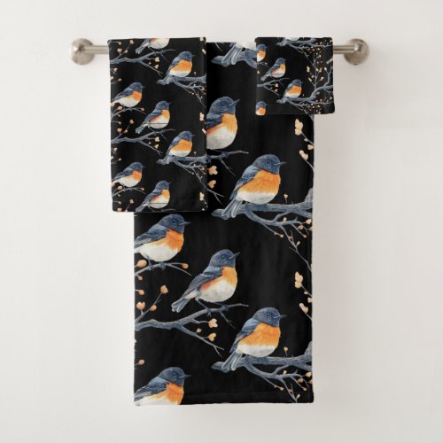 Beautiful Bird Pattern on Black Bath Towel Set