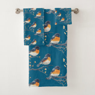 Beautiful Bird Pattern on Blue Lagoon Bath Towel Set