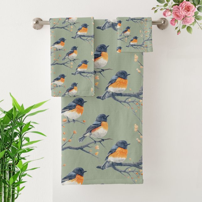 Beautiful Bird Pattern on Sage Green Bath Towel Set (Creator Uploaded)
