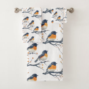 Beautiful Bird Pattern on White Bath Towel Set
