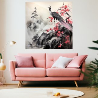 Beautiful Bird Pink Cherry Blossom Asian Art 