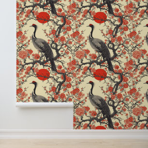 Beautiful Bird Plants Red Black Asian Wallpaper