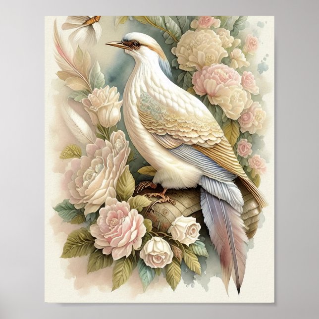 Beautiful Bird Print Feathers Soft Neutrals Roses (Front)