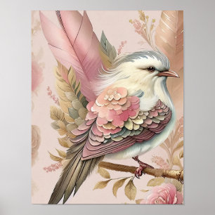 Beautiful Bird Print Pink Ivory Feathers Roses
