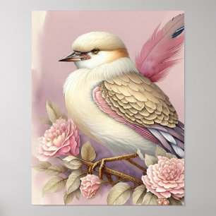 Beautiful Bird Print Pink Ivory Feathers Roses