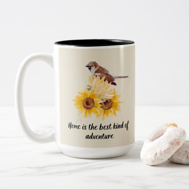 Beautiful Bird & Sunflowers With Quote Two-Tone Coffee Mug (With Donut)
