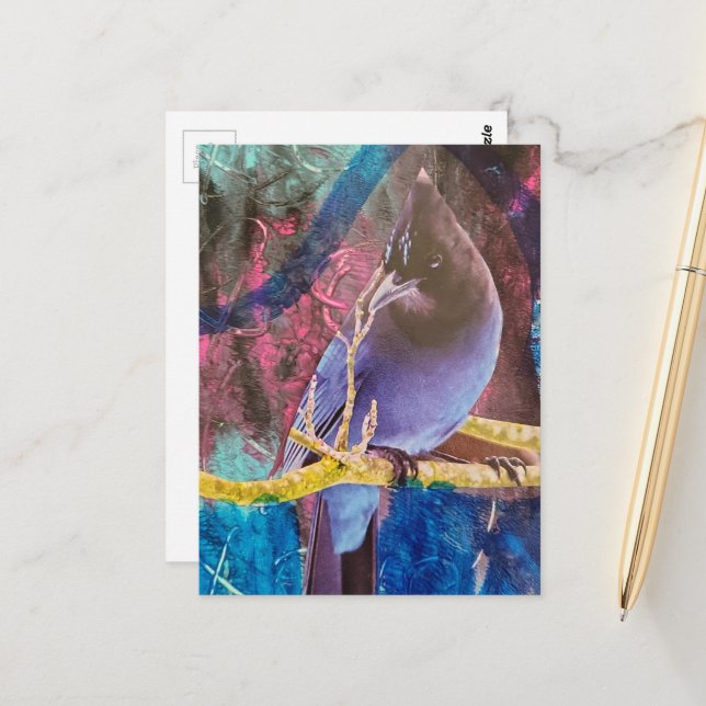 Beautiful Bird That is Blue Mixed Media Collage Postcard (Front/Back In Situ)