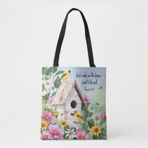 Beautiful birdhouse birds and floral tote