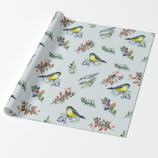 Beautiful Birds, Botanicals and Red Berries Wrapping Paper (Unrolled)
