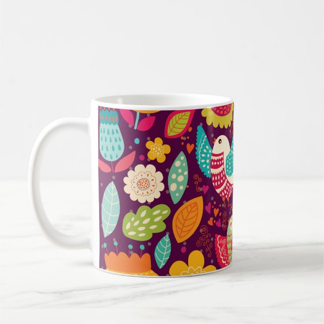 Beautiful birds, flowers, artistic poster coffee mug (Left)