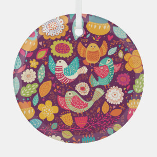 Beautiful birds, flowers, artistic poster glass ornament