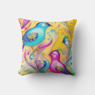 Beautiful Birds Japanese Art Yellow Pink Green Throw Pillow