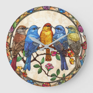 Beautiful Birds Plants Glass Effect Painting Art Large Clock