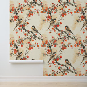 Beautiful Birds Red Black Asian Rustic Wallpaper
