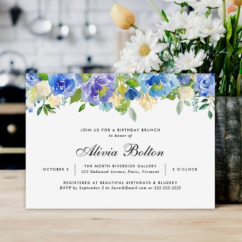 Beautiful Birthday Blue Floral Watercolor Invitation by girlygirlgraphics at Zazzle