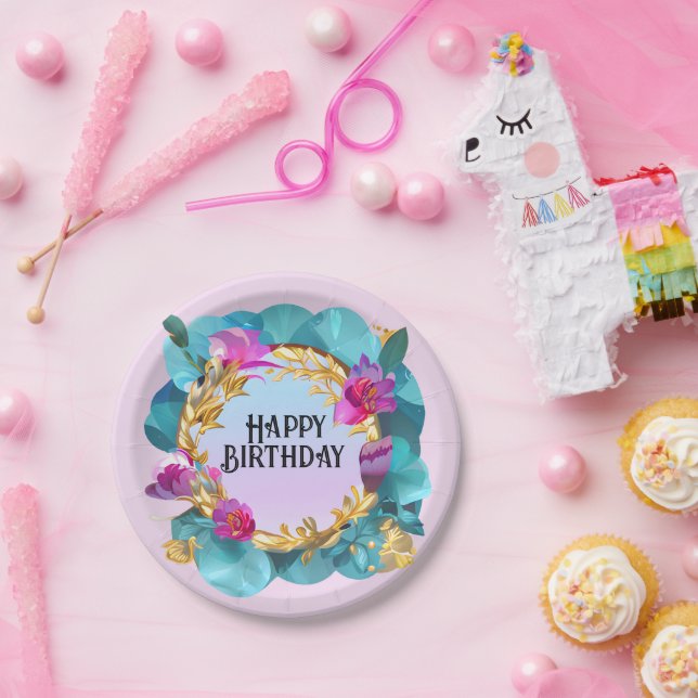 Beautiful Birthday Floral Wreath Paper Plates (Party)