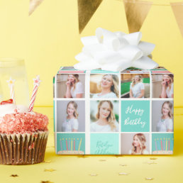 Beautiful Birthday Girl Photo Collage Custom Teal Wrapping Paper