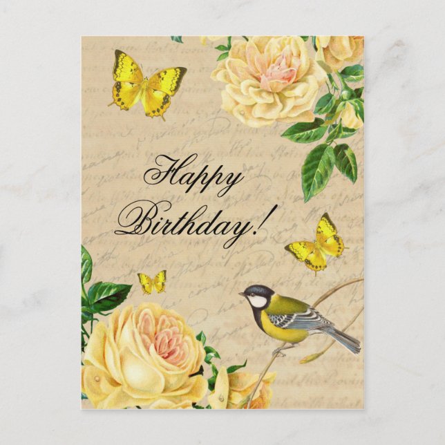 Beautiful birthday postcard with roses and bird (Front)