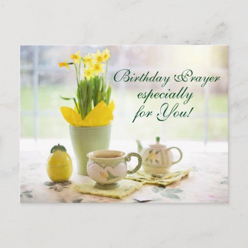 Beautiful Birthday Prayer Tea and Daffodils Postcard