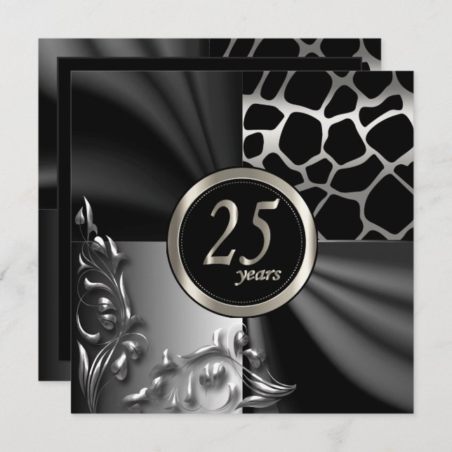 Beautiful Black 25th Anniversary Party Invitation (Front/Back)