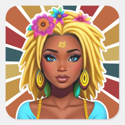 Beautiful Black African Woman With Flowers Square Sticker