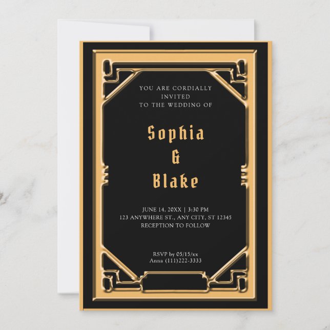 Beautiful Black and Gold Art Deco Wedding Invitation (Front)