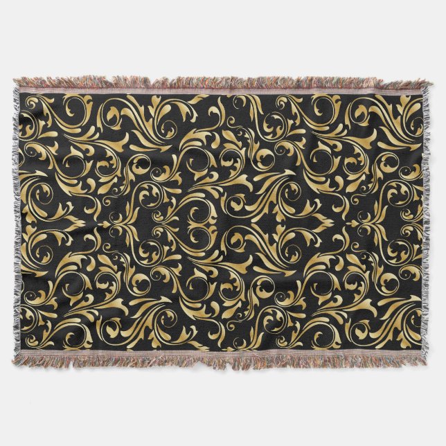 Beautiful Black and Gold Damask Patterns Throw Blanket (Front)