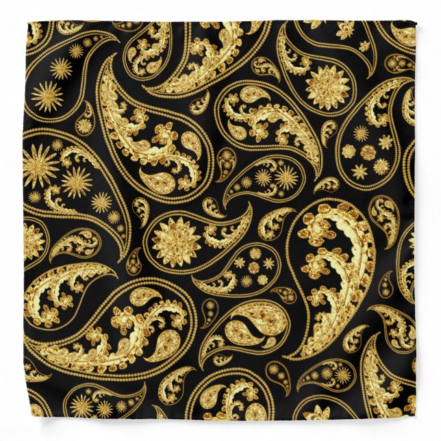 Beautiful Black and Gold Paisley Pattern Bandana (Front)