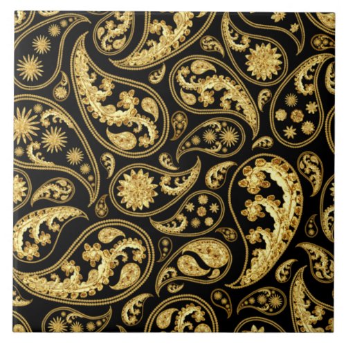 Beautiful Black and Gold Paisley Pattern Ceramic Tile