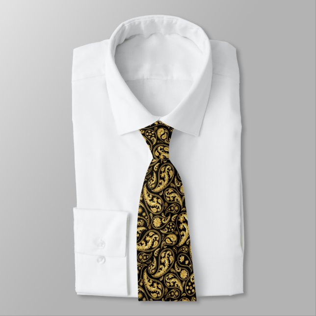 Beautiful Black and Gold Paisley Pattern Neck Tie (Tied)