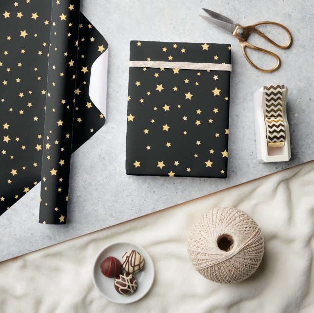 Beautiful Black and Gold Starry Sky Star Pattern Wrapping Paper (Crafts)