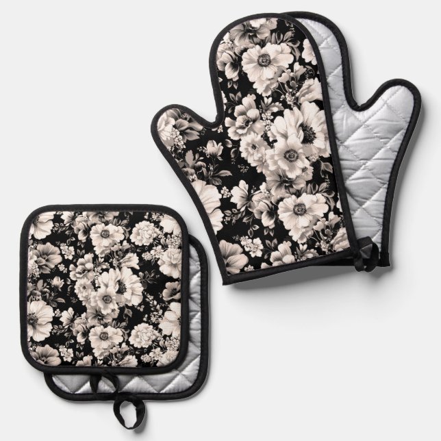 Beautiful black and light sepia tone floral  oven mitt & pot holder set (Front/Back)