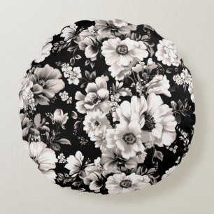 Beautiful black and light sepia tone floral  round pillow