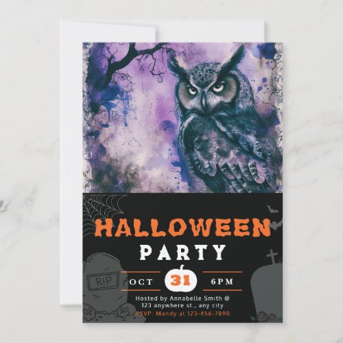 Beautiful Black and Purple Owl Black Halloween Invitation