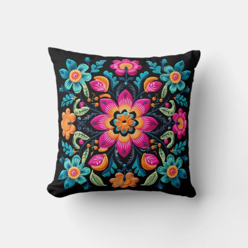 Beautiful Black and Vibrant Colors Mexican Floral Throw Pillow